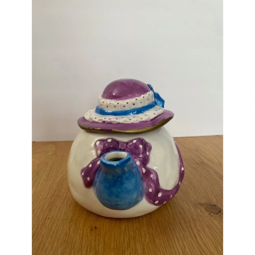Bella Casa by Ganz Teapot Sun Hat Lid Purple Polka Dot Ribbon White Ceramic Good